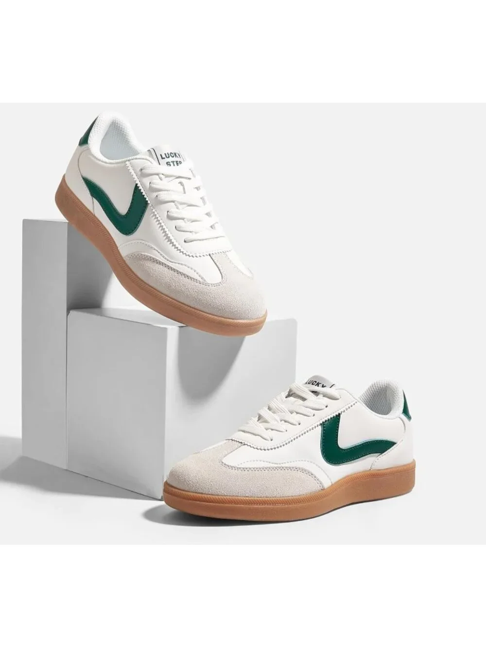 Women's White/Green Classic Fashion Skate No Slip Lace Up Walking Sneaker Shoes